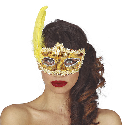 Золотая венецианская маска с пером «Коломбина» 